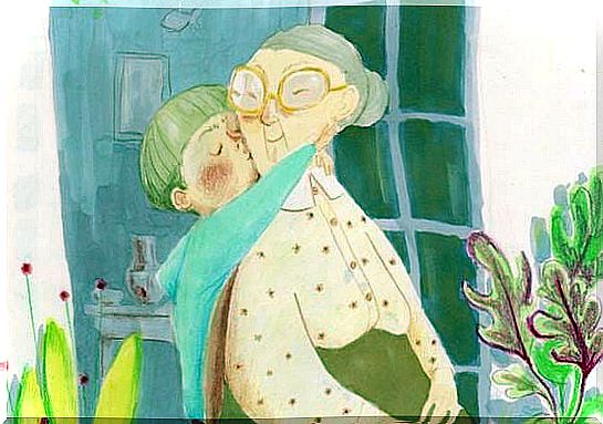 The modern grandmothers - drawing grandson kisses grandma